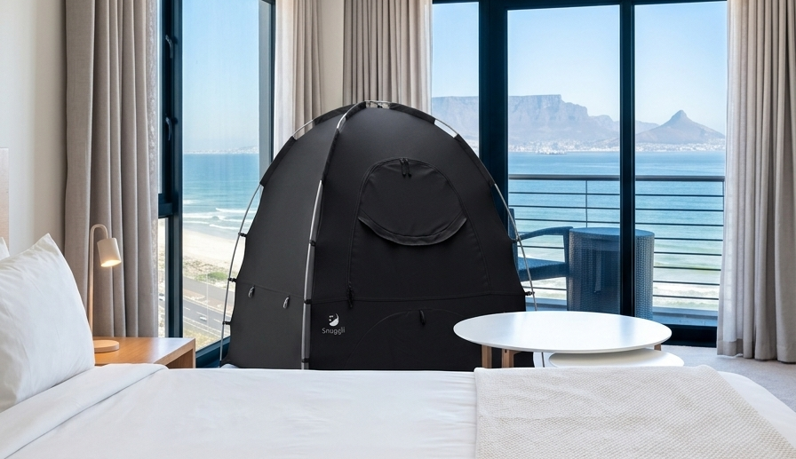 Modern bedroom with a view of Table Mountain, featuring a bed and a chair with a Snuggli sleep tent.