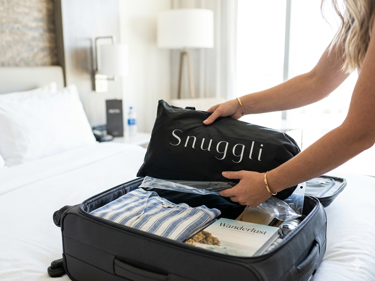 A person packing a suitcase with a Snuggli slep tent product on a bed.