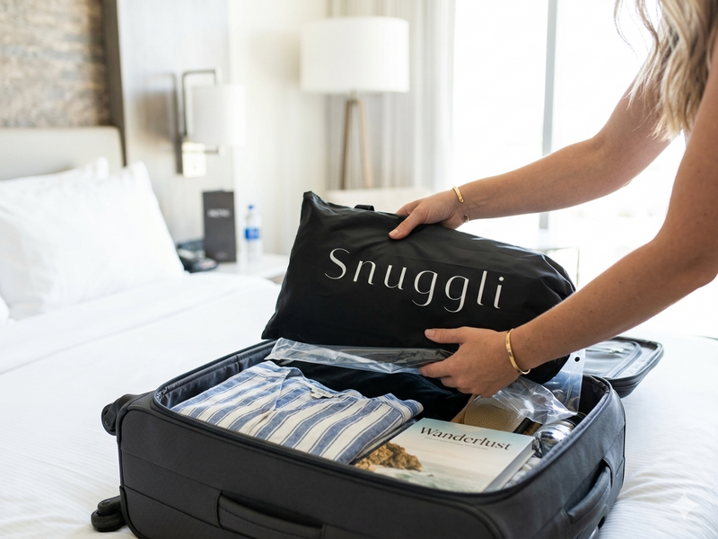A person packing a suitcase with a Snuggli slep tent product on a bed.